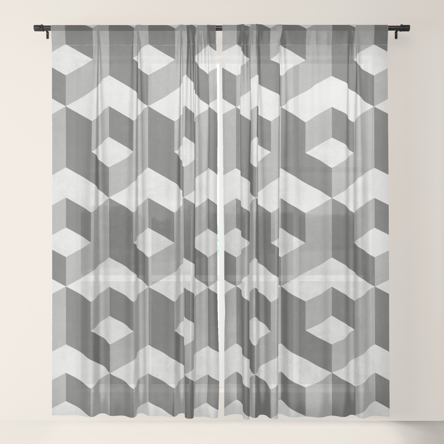 Geometric Cube Pattern 2 Black White Grey Sheer Curtain By