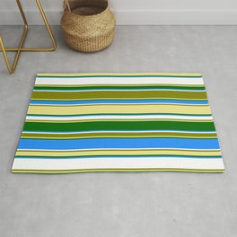 [ Thumbnail: Eyecatching Green, Tan, Dark Green, Blue, and White Colored Lines Pattern Rug ]
