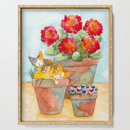Sleeping Kitties and Geraniums Serving Tray | Watercolor, Cat, Flowers, Geraniums, Folkart, Art, Calicocat, Animal, Gingercat, Flowerpots 