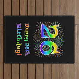 [ Thumbnail: 26th Birthday - Fun Rainbow Spectrum Gradient Pattern Text, Bursting Fireworks Inspired Background Outdoor Rug ]