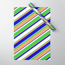 [ Thumbnail: Brown, Blue, White & Lime Green Colored Lined Pattern Wrapping Paper ]