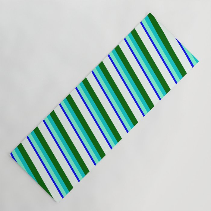 Blue, Aquamarine, Dark Turquoise, Dark Green & Mint Cream Colored Stripes/Lines Pattern Yoga Mat