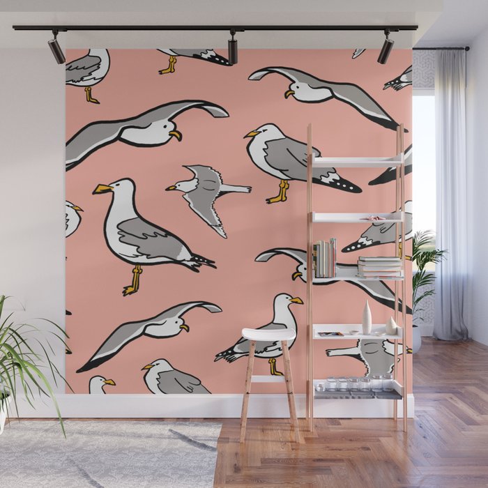 Seagulls by the Seashore Pink Wall Mural