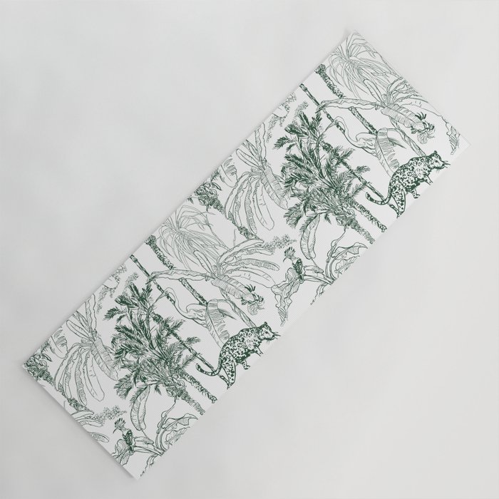 Seamless Pattern Vintage Lithograph Sketch Drawing Wildlife Leopard Animal, Hoopoe, Cockatoo Parrots and Crane Birds in Banana Palm Trees Jungle Rainforest Etching Hand Drawn Textile Design Yoga Mat