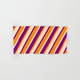 [ Thumbnail: Bisque, Purple, and Dark Orange Colored Lined/Striped Pattern Hand & Bath Towel ]