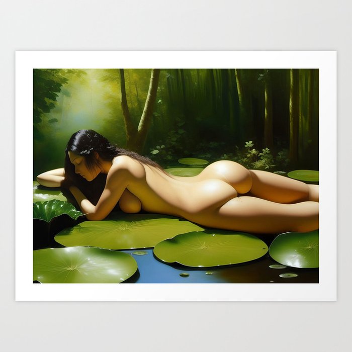 Titania; Queen of the Fairies water nymph on giant lily pads in enchanted forest kettle pond nature still life female nude portrait painting  Art Print