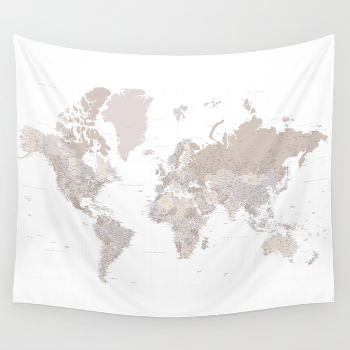 Taupe highly detailed world map with cities, square, 