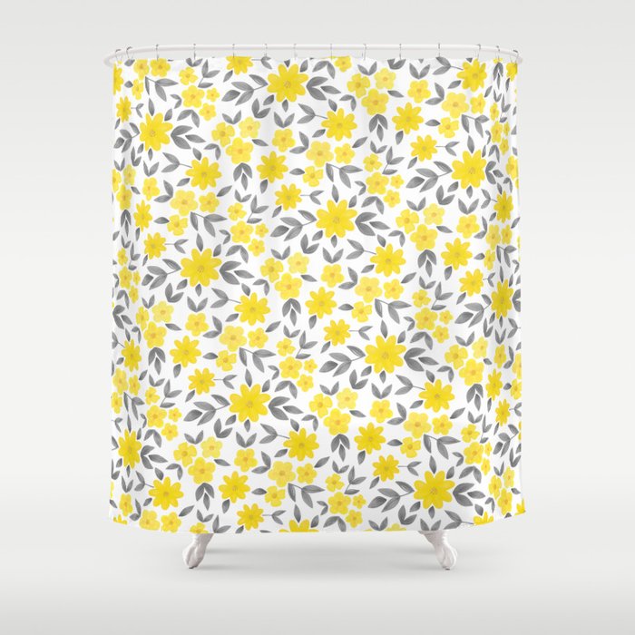Watercolor Spring Summer Flowers, Yellow and Grey Shower Curtain