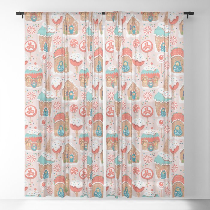 Gingerbread Candy Land on pink Sheer Curtain