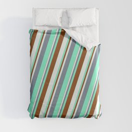 [ Thumbnail: Light Slate Gray, Aquamarine, Brown & Mint Cream Colored Stripes/Lines Pattern Duvet Cover ]