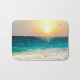 Beautiful Summer Beach Sunset Photo Bath Mat | Digital, Sandbeach, Beach, Sky, Shiningsunset, Seabird, Color, Sea, Vintage, Flyingseagull 