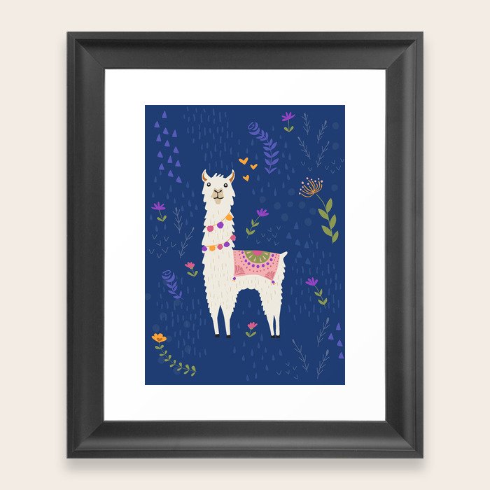 Llama on Blue Framed Art Print by latheandquill | Society6