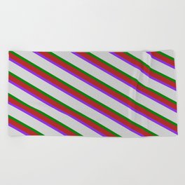 [ Thumbnail: Red, Purple, Light Grey & Green Colored Lines Pattern Beach Towel ]