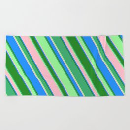 [ Thumbnail: Eye-catching Forest Green, Sea Green, Green, Pink & Blue Colored Lined/Striped Pattern Beach Towel ]