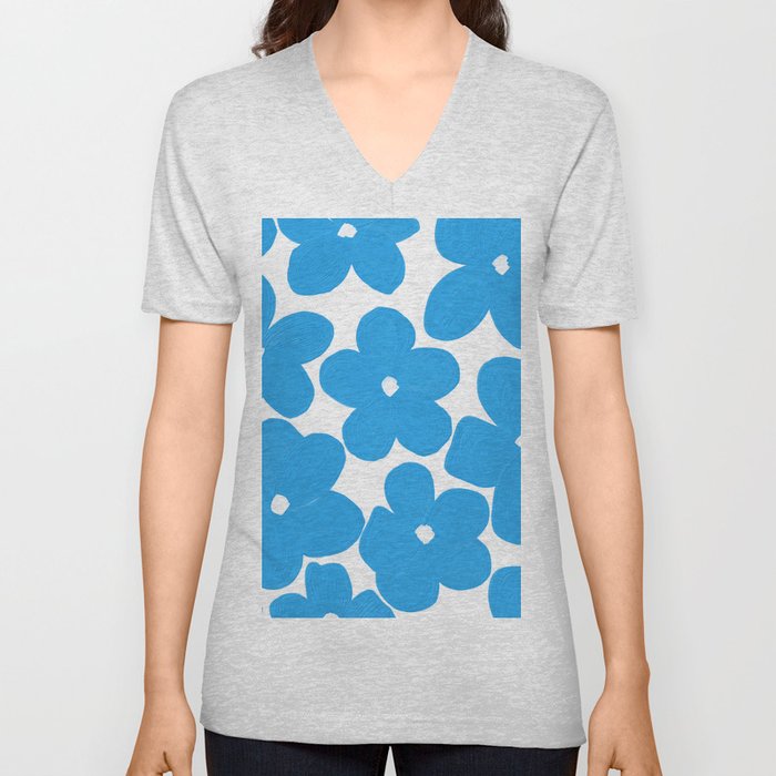 Groovy Flowers in Bright Sky Blue  V Neck T Shirt