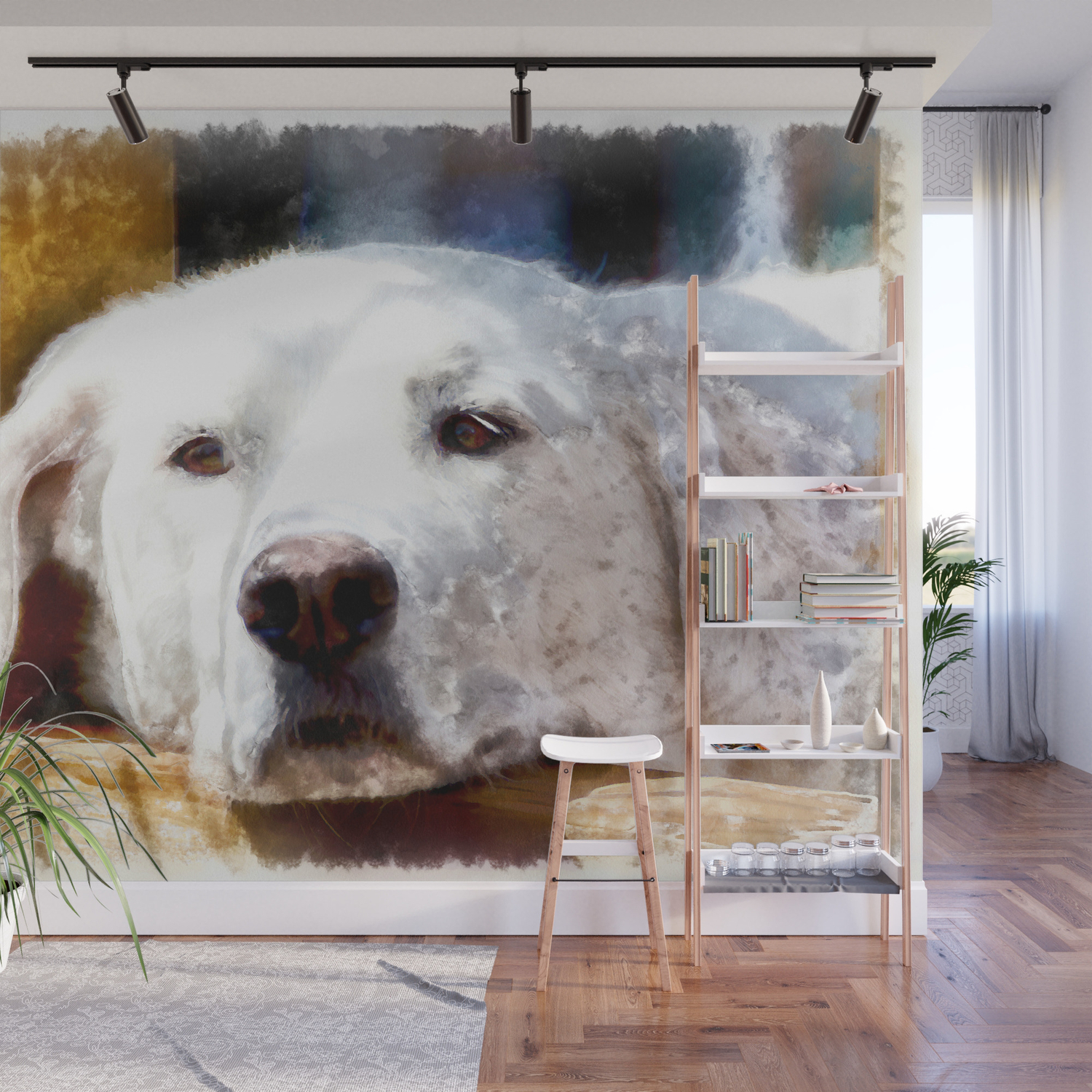 White Labrador Dog Lying Down Relaxing Watercolor Painting Style
