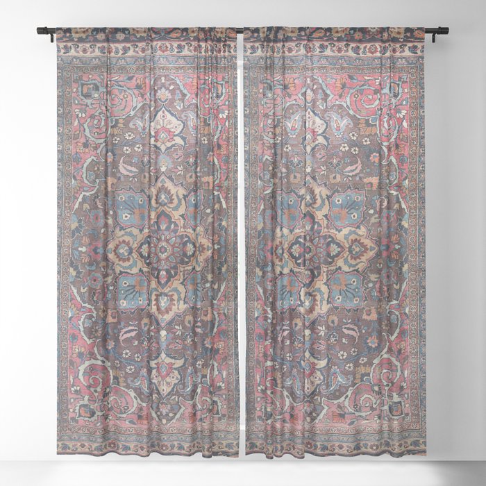 Persian Old Century Authentic Colorful Dusty Blue Pink Brown Vintage Patterns Sheer Curtain