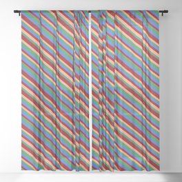 [ Thumbnail: Dark Red, Light Salmon, Sea Green & Royal Blue Colored Lined Pattern Sheer Curtain ]