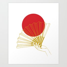 Japan Flag Retro Red Gold Vintage Minimalist Geometric Hand Fan Art Print