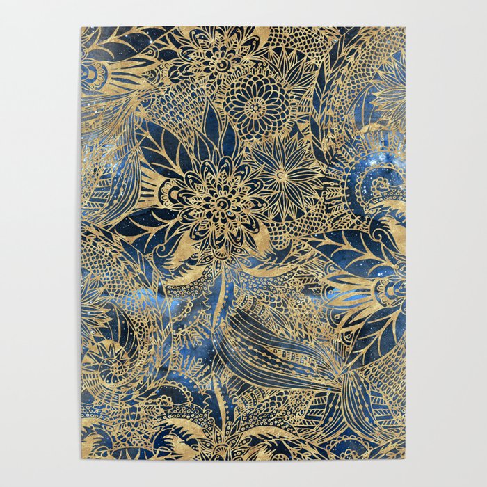 Elegant gold floral mandala and blue nebula design Poster