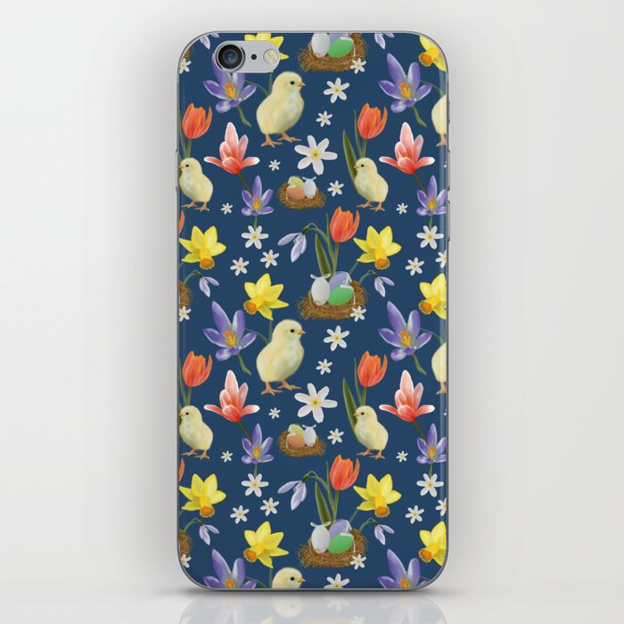 Colorful pattern with easter chicks, easter nests, tulips, daffodils, crocuses, wood anemones iPhone Skin