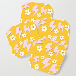 Bright pattern with flowers and lightning. Hippie style pattern on a yellow background Y2k 90s style Coaster