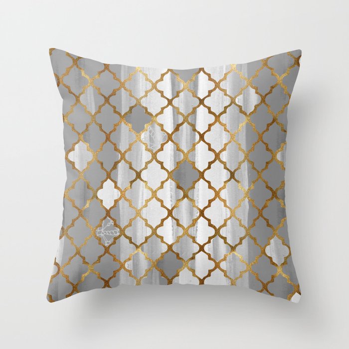 Moroccan Tile Pattern In Grey And Gold Throw Pillow