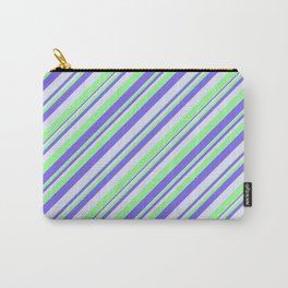 [ Thumbnail: Green, Medium Slate Blue, and Lavender Colored Lines Pattern Carry-All Pouch ]