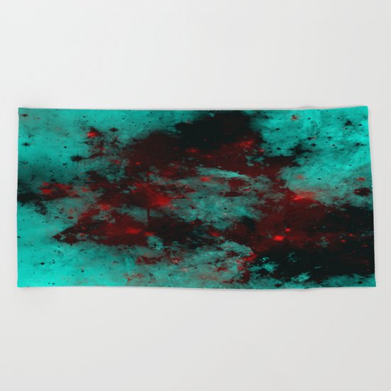 Ruby Galaxy - Abstract cyan, red and black space themed painting Beach Towel