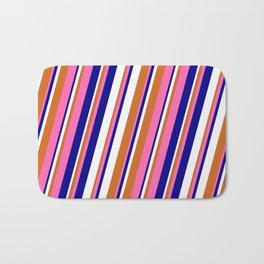 [ Thumbnail: Hot Pink, Dark Blue, White, and Chocolate Colored Lines Pattern Bath Mat ]