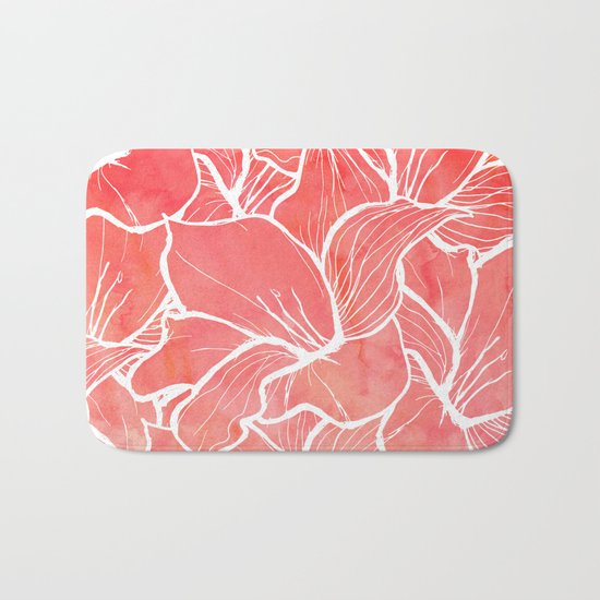 Modern white handdrawn flowers coral watercolor pattern Bath Mat
