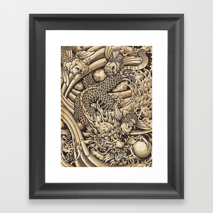 Japanese dragon and Koi fish Framed Art Print