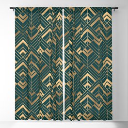 Bohemian Gold Geometric Pattern With Gold Shimmer On Dark Green Blackout Curtain
