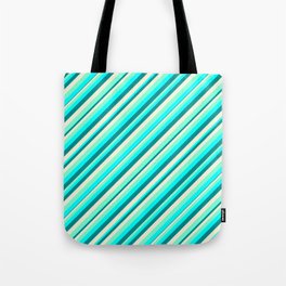 [ Thumbnail: Aquamarine, Cyan, Dark Cyan, and Beige Colored Lined/Striped Pattern Tote Bag ]