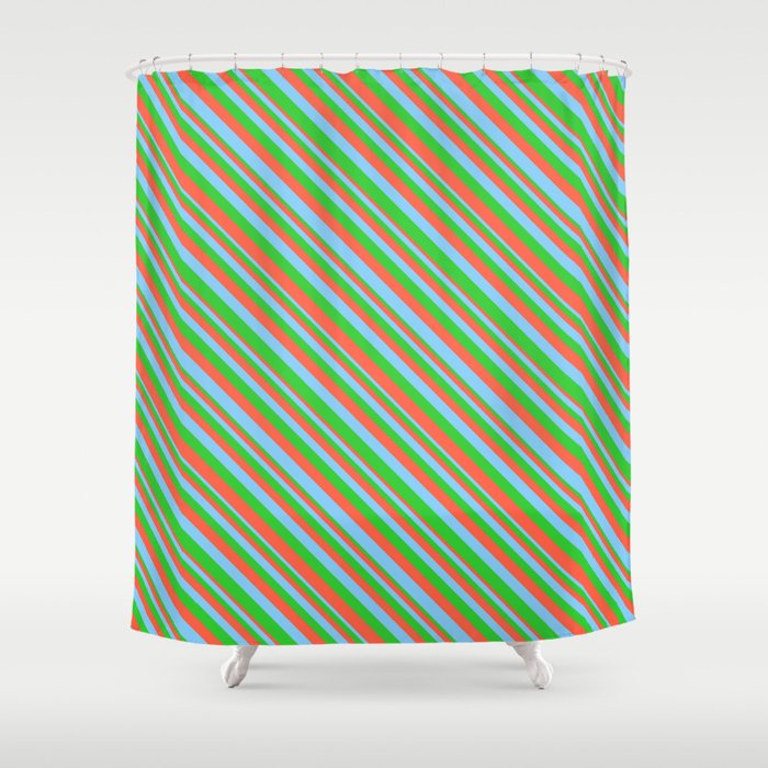 Lime Green, Red, and Light Sky Blue Colored Striped Pattern Shower Curtain
