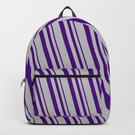 [ Thumbnail: Indigo and Grey Colored Pattern of Stripes Backpack ]