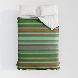 [ Thumbnail: Brown, Dark Green, Dim Grey & Aquamarine Colored Lined/Striped Pattern Comforter ]