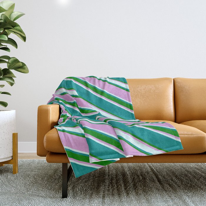 Dark Cyan, Green, Plum & Light Cyan Colored Striped Pattern Throw Blanket