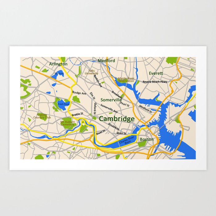 Map of Cambridge, MA, USA Art Print by Efratul Society6