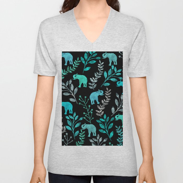 Watercolor Flowers & Elephants IV V Neck T Shirt
