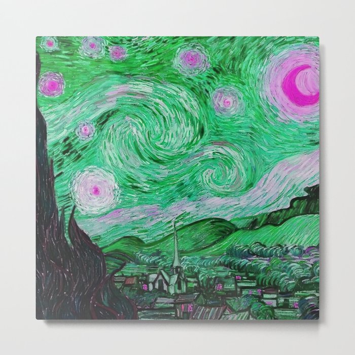 The Starry Night - La Nuit étoilée oil-on-canvas post-impressionist landscape masterpiece painting in alternate green and purple by Vincent van Gogh Metal Print