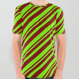 [ Thumbnail: Maroon and Green Colored Striped/Lined Pattern All Over Graphic Tee ]