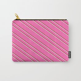 [ Thumbnail: Hot Pink, Brown, and Mint Cream Colored Striped Pattern Carry-All Pouch ]