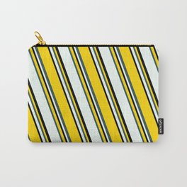 [ Thumbnail: Yellow, Dark Slate Gray, Mint Cream & Black Colored Stripes/Lines Pattern Carry-All Pouch ]