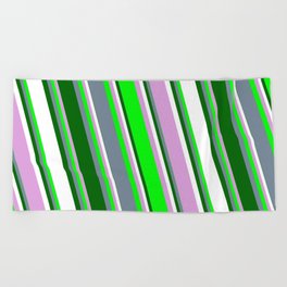 [ Thumbnail: Vibrant Plum, Lime, Light Slate Gray, Dark Green & White Colored Lines/Stripes Pattern Beach Towel ]