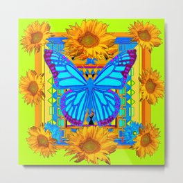 Lime Sunflower Blue Butterfly Floral Metal Print