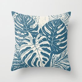 lithograph style Monstera leaves blue on creme Throw Pillow