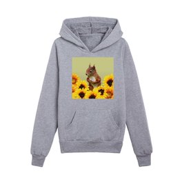 Squirrel in Sunflower Blossoms Field Kids Pullover Hoodies