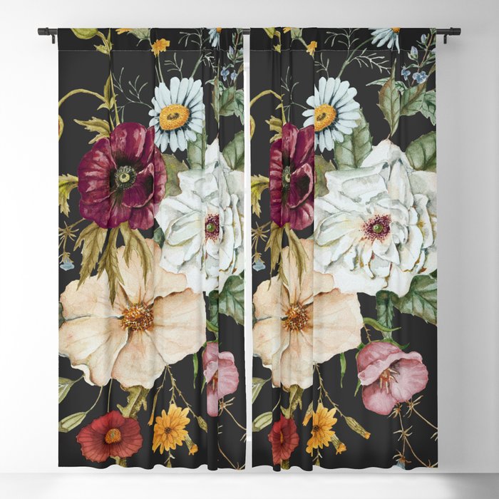 Colorful Wildflower Bouquet on Charcoal Black Blackout Curtain