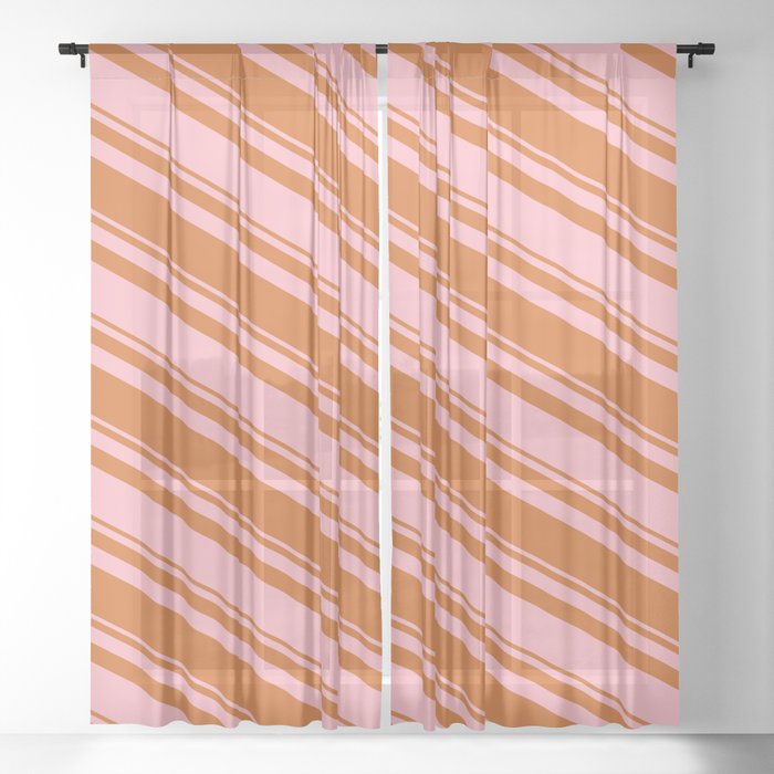 Light Pink & Chocolate Colored Striped Pattern Sheer Curtain